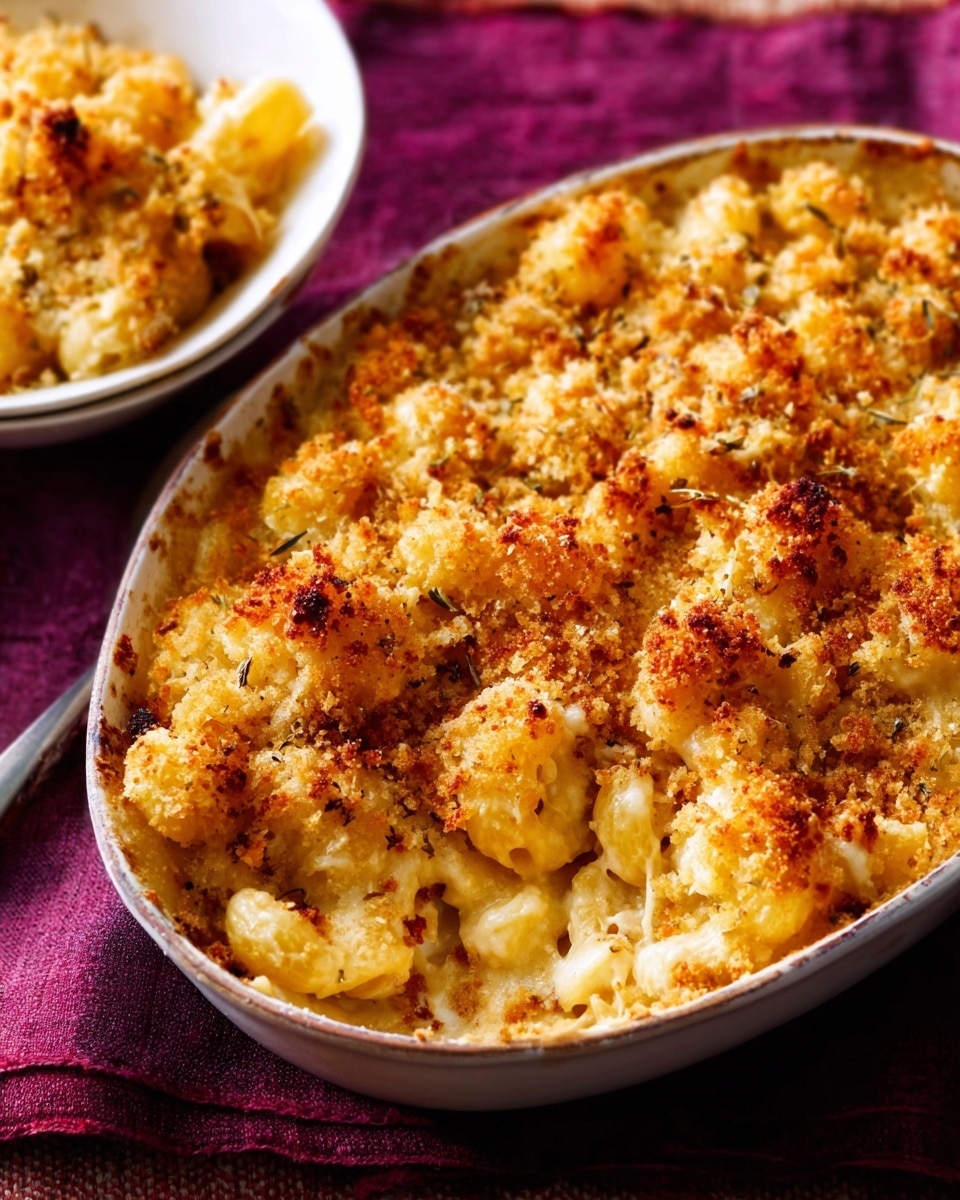 This image shows a white rectangular dish filled with a baked casserole. The casserole has a golden brown crumbly topping that covers a creamy, slightly chunky, pale yellow filling beneath it. Part of the casserole is scooped out on one corner, revealing the thick, creamy middle layer with small pieces of food mixed in, and a large silver spoon resting inside the dish. The dish is sitting on a white marbled surface, with a small white plate holding a scoop of the casserole shown next to it. At the top left of the image, some fresh green leafy vegetables are partially visible on a white plate. Photo taken with an iphone --ar 4:5 --v 7
