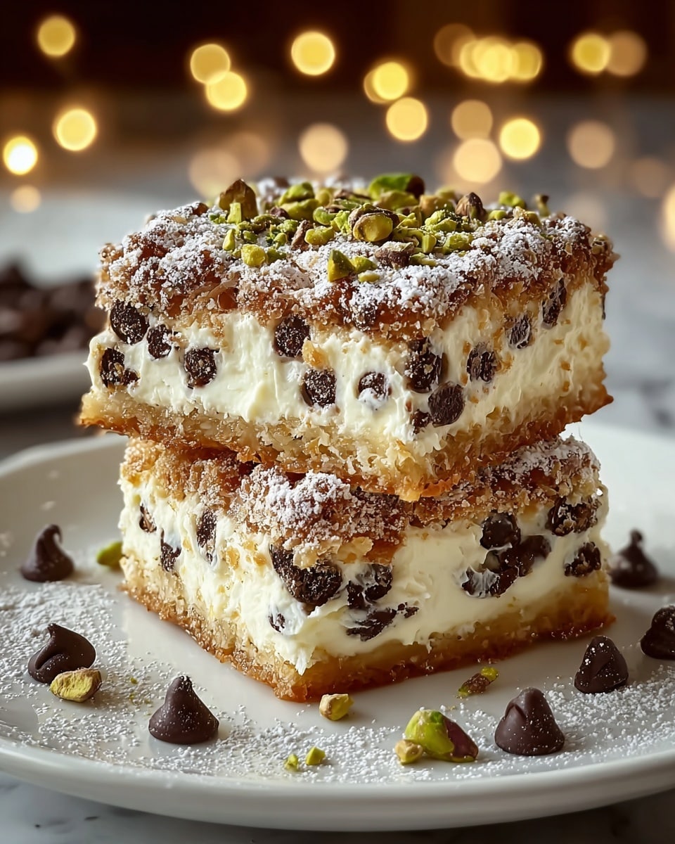 Two square dessert bars are stacked on a white plate with a white marbled texture under it. Each bar has three layers: a bottom layer of crumbly golden brown crust, a thick middle layer of white creamy filling mixed with dark chocolate chips, and a top layer of the same crumbly crust dusted with powdered sugar. The top surface is sprinkled with chopped green pistachios and scattered chocolate chips around the plate. Soft warm lights glow blurred in the background, giving a cozy feel. Photo taken with an iphone --ar 4:5 --v 7