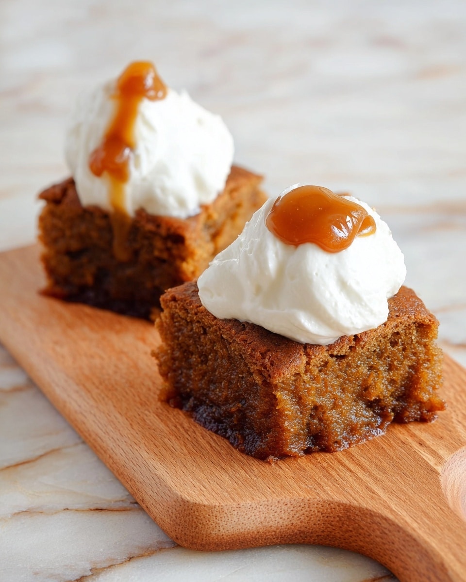 Two square pieces of soft, brown cake with a slightly rough texture are placed on a light wooden cutting board with a handle. Each cake piece is topped with a dollop of white whipped cream, which looks light and fluffy, and a small spoonful of shiny, amber caramel sauce sitting on top of the whipped cream. The wooden board rests on a surface with a white marbled texture. photo taken with an iphone --ar 4:5 --v 7