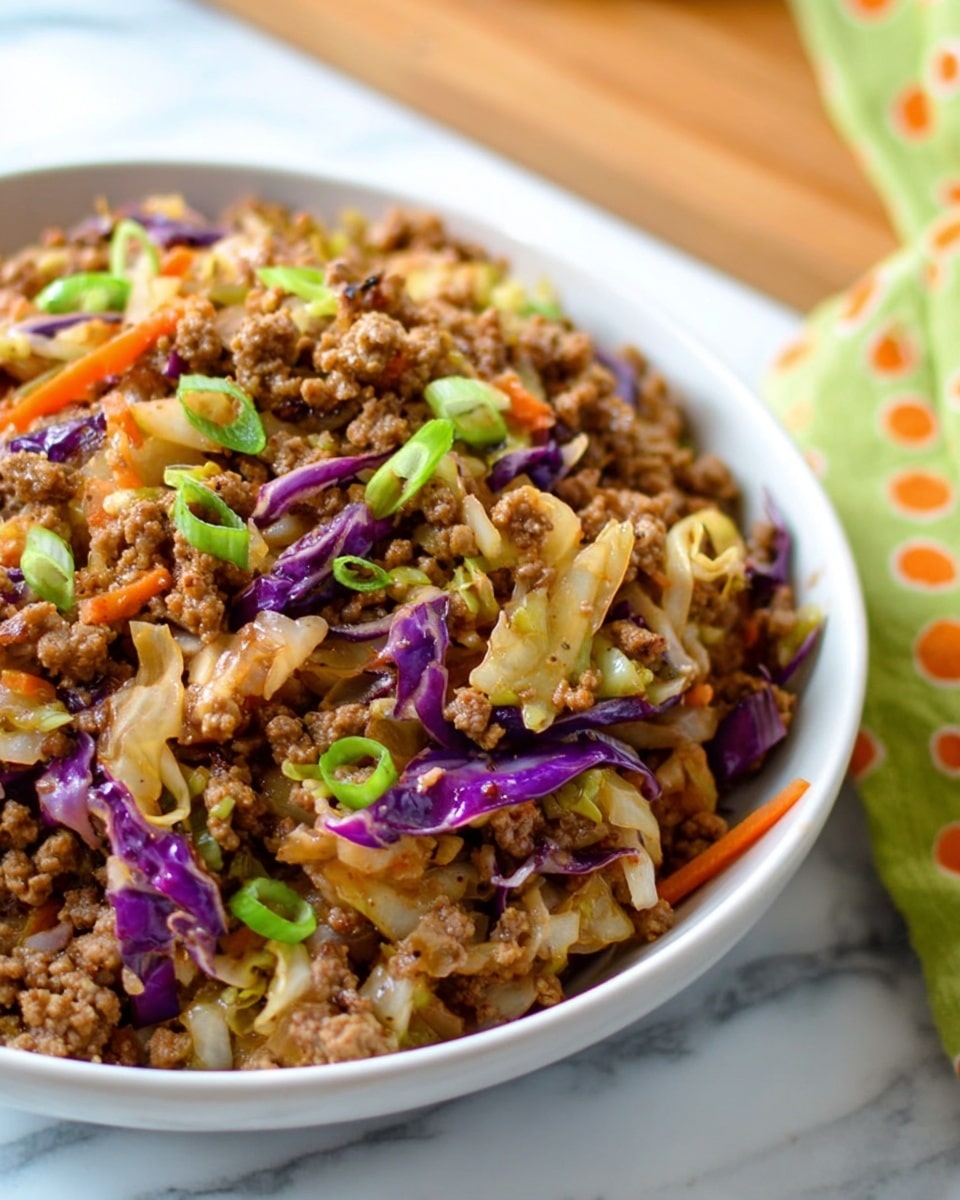 A white bowl filled with a colorful mix of cooked ground meat, shredded white and purple cabbage, thin carrot slices, and small green onion pieces on top. The dish shows a mix of textures from the soft meat to the crunchy vegetables all mixed together evenly. The bowl is held gently by a woman's hand, standing out against a white marbled background. The close-up view shows detail in the lightly browned meat and the freshness of the vegetables. photo taken with an iphone --ar 4:5 --v 7