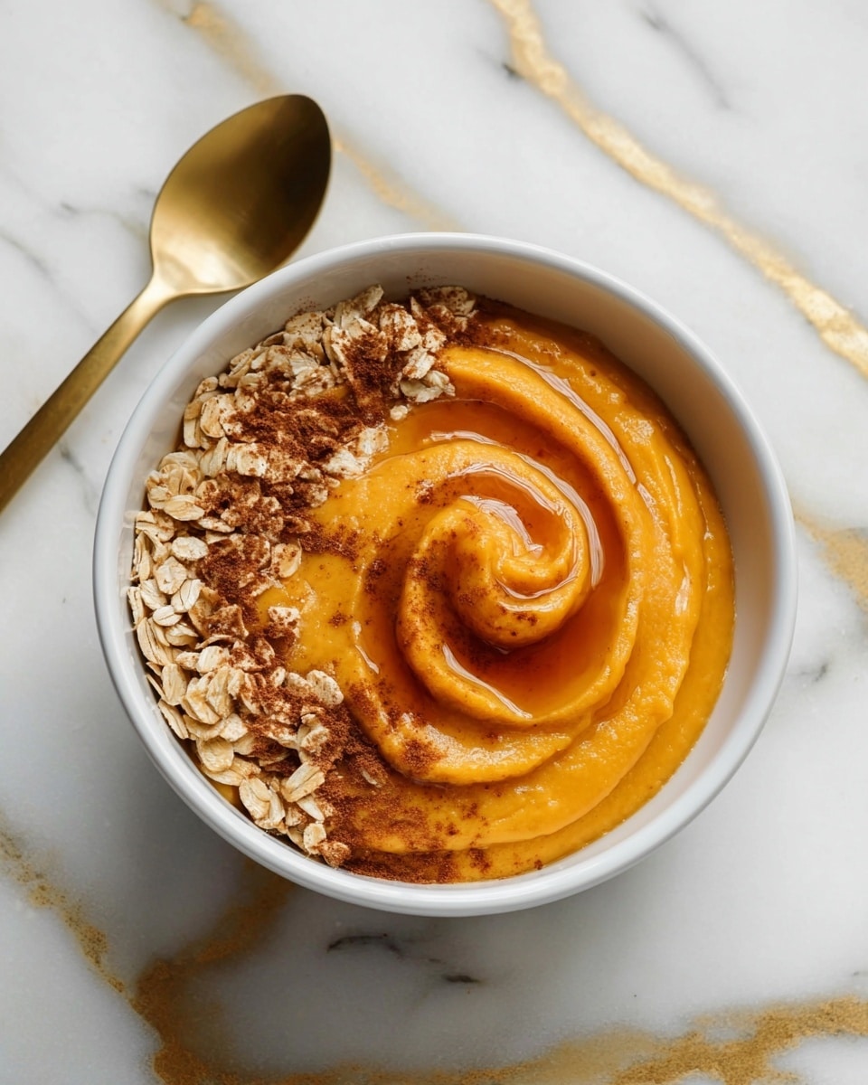 A white bowl filled with smooth, thick orange puree swirled into a soft peak in the center. On the left side of the puree, a layer of crunchy light brown oats is spread along the edge. The puree is topped with a drizzle of shiny amber syrup and a light dusting of brown cinnamon powder, adding texture and color contrast. The bowl sits on a white marbled surface with gold veins, next to a gold spoon. Photo taken with an iphone --ar 4:5 --v 7