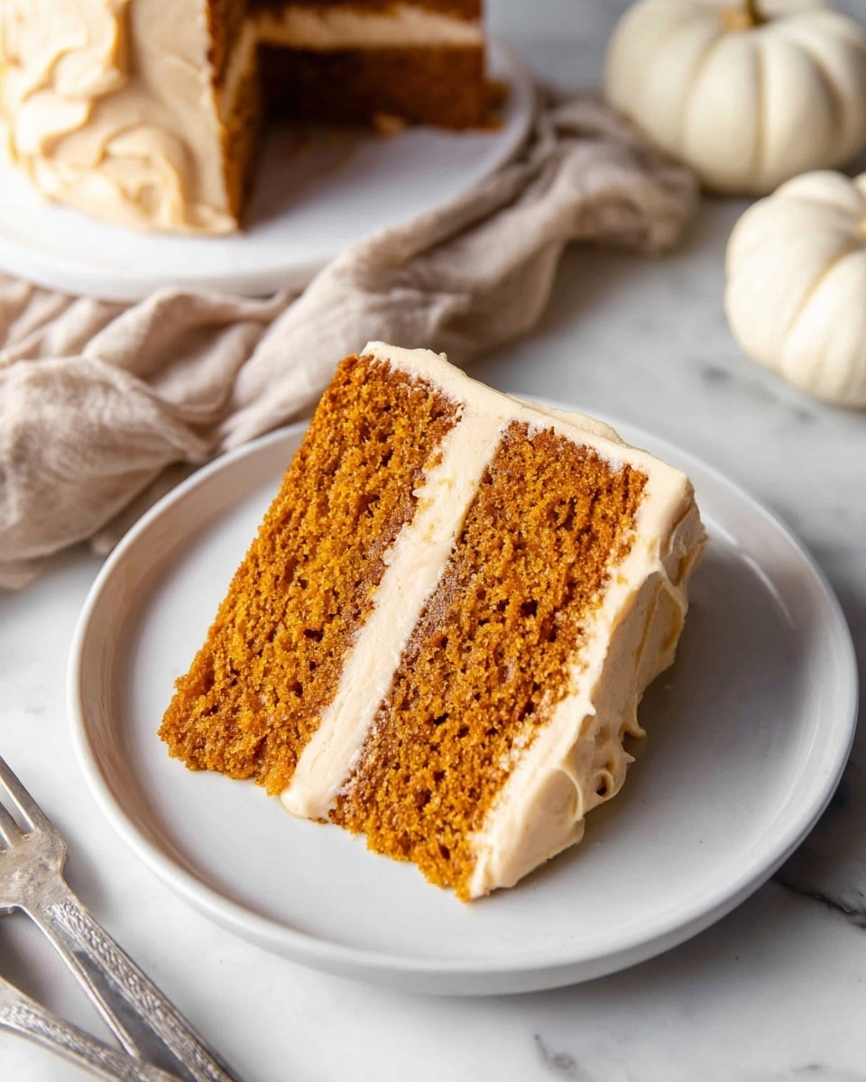 A slice of three-layer pumpkin cake with orange-brown cake layers separated by two thick layers of light beige frosting, also covering the outside edges with a smooth and creamy texture, placed on a white plate on a white marbled texture surface; a crumpled beige cloth is seen in the background along with part of a second plate with another cake slice, a small white pumpkin, and metal cutlery nearby, photo taken with an iphone --ar 4:5 --v 7