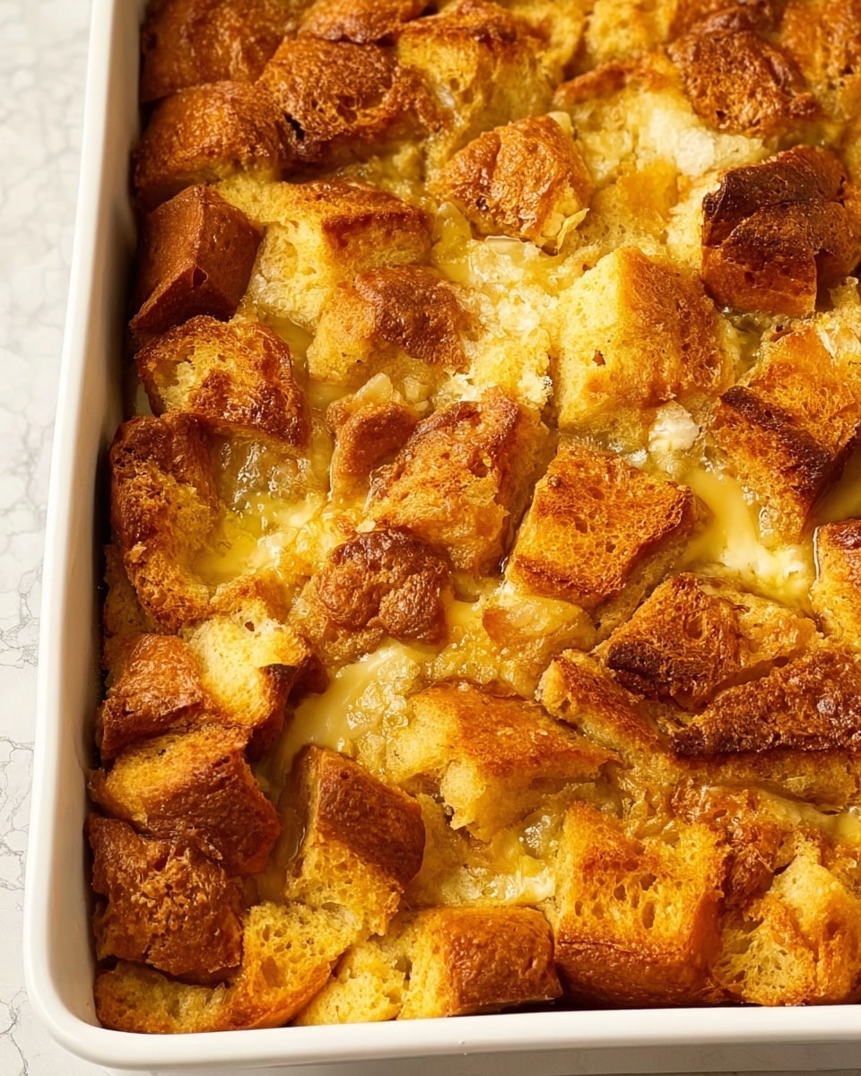 The image shows a close-up of a baked bread pudding in a white rectangular dish, filled with many uneven bread chunks that are golden brown and toasted on top. The bread pieces appear soft and slightly crisp on the edges with a mix of lighter yellowish creamy custard visible between them, giving a textured and layered look to the dish. The surface beneath the dish is a white marbled texture. photo taken with an iphone --ar 4:5 --v 7
