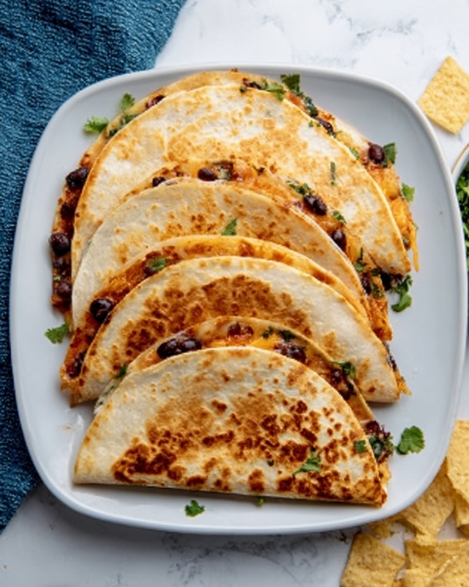 The image shows five golden brown quesadillas folded in half, placed closely side by side on a square white plate. Each quesadilla has a toasted, crispy outer layer with some darker brown grill marks, and the edges reveal melted cheese and bits of black beans and green herbs inside. The plate is on a white marbled surface with a blue cloth partially visible on the left side and some light beige tortilla chips near the top right and bottom right corners. Photo taken with an iphone --ar 4:5 --v 7
