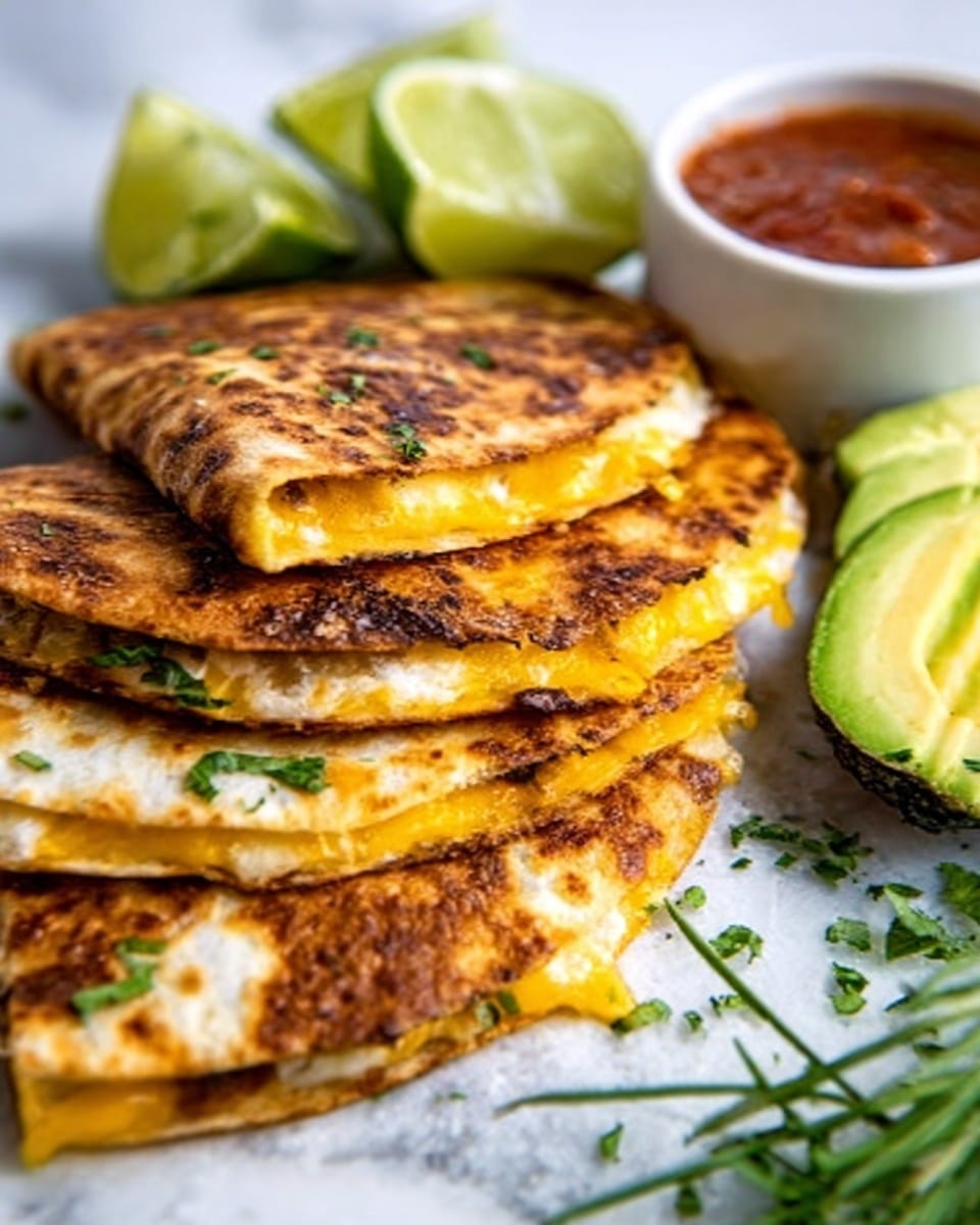 The image shows three stacked quesadillas with a golden brown toasted outer layer, visible melted yellow cheese and bits of green herbs peeking out from the edges, placed in a row on a white surface with a white marbled texture underneath. Behind them, there are two lime wedges and a small white bowl of red salsa. On the side, slices of fresh avocado with a smooth green texture are scattered, and some blurred green herbs are visible in the foreground. Photo taken with an iphone --ar 4:5 --v 7