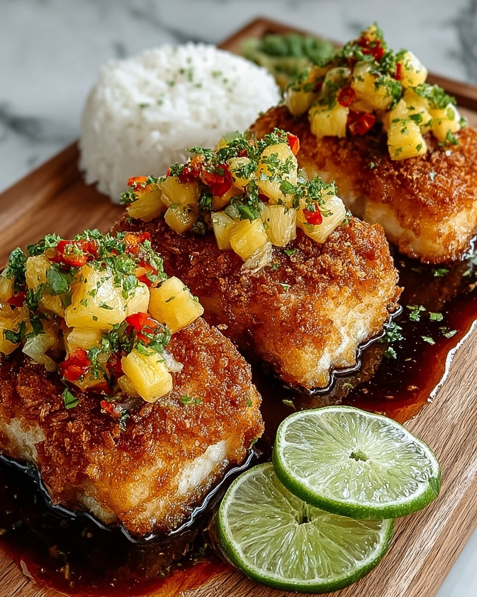 Three pieces of golden brown, crispy fried fish fillets with a crunchy texture are placed side by side on a wooden board. Each fillet is topped with a colorful salsa made of small diced yellow pineapple, green herbs, and red bell pepper bits. To the left and behind the fish, there is a small pile of white rice, and in the foreground, two bright green lime wedges sit near the fish, adding a fresh color contrast. The fish sits on a glossy dark sauce that pools slightly underneath. The background is a white marbled texture. Photo taken with an iphone --ar 4:5 --v 7