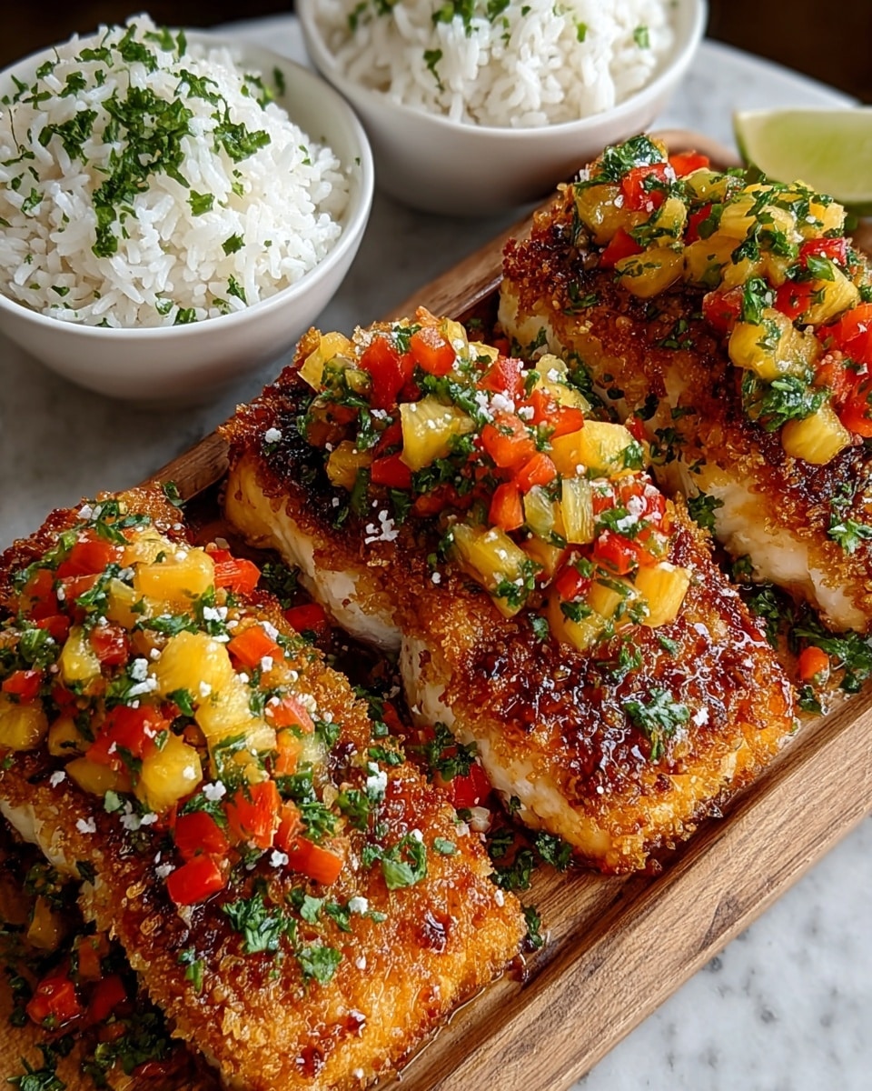 Three pieces of golden brown, crispy fish fillets lay side by side on a wooden board, each topped with a colorful salsa made of small diced red bell peppers, yellow pineapple chunks, and finely chopped green herbs, giving a fresh and vibrant look. The fish has a crunchy, caramelized crust with small white flakes sprinkled on top and around the edges, adding texture contrast. Behind the fish, there are two white bowls filled with white rice garnished with bits of green herbs. The scene is set on a white marbled textured surface. photo taken with an iphone --ar 4:5 --v 7