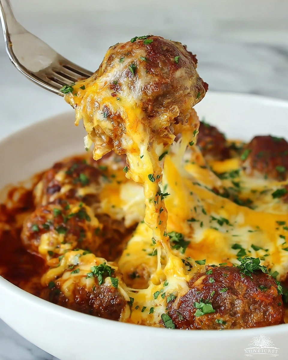 A close-up of a fork lifting a browned meatball covered in melted, gooey yellow cheese mixed with herbs, with rich red sauce beneath. The dish shows many meatballs layered in a white bowl, topped with bubbling, stretchy cheese and sprinkled with green parsley. The background is a white marbled texture. photo taken with an iphone --ar 4:5 --v 7