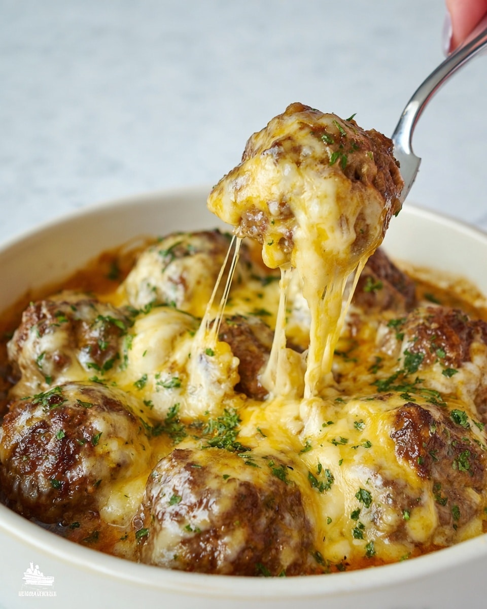 The image shows a close-up of meatballs covered in melted cheese inside a white round dish, sitting on a white marbled surface. There are several meatballs, roughly round and brown in color, with a slightly rough texture. They are topped with a thick layer of melted yellow and white cheese that stretches as one meatball is lifted by a metal fork, held by a woman's hand. The cheese looks creamy and stretchy with flecks of green herbs sprinkled on top, adding a fresh green color to the warm tones. The sauce beneath the meatballs is rich and brown, partially visible around the edges of the dish. Photo taken with an iphone --ar 4:5 --v 7