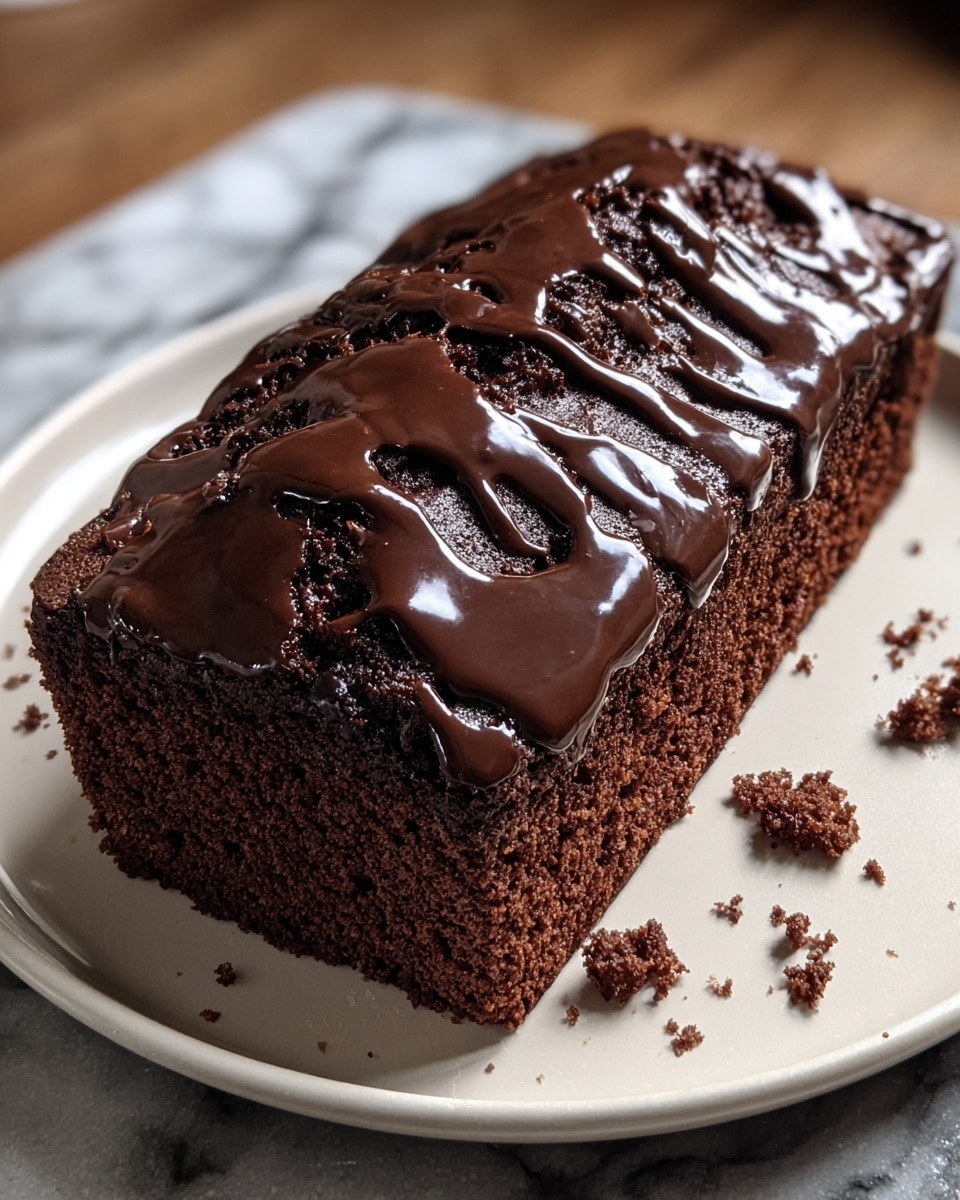 A rectangular chocolate cake sits on a white plate with a smooth, glossy dark chocolate glaze drizzled unevenly over the top, creating shiny patches that highlight the cake's slightly cracked, moist surface. The cake itself is a deep rich brown with a dense, crumbly texture visible on the cut sides. Some small crumbs are scattered around the base on the plate, emphasizing its soft and tender crumb. The plate rests on a white marbled surface that adds a clean, elegant background to the scene. photo taken with an iphone --ar 4:5 --v 7