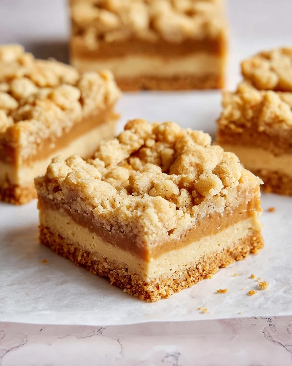 The image shows square dessert bars with three visible layers, placed on a white marbled textured surface. The bottom layer is a dense, crumbly, light beige crust. The middle layer is smooth and slightly darker beige, looking like a creamy filling. The top layer has a crumbly, chunky texture with uneven pieces in a light golden-brown color, scattered generously over the filling. The bars have clean-cut edges, showing the three distinct layers clearly. photo taken with an iphone --ar 4:5 --v 7