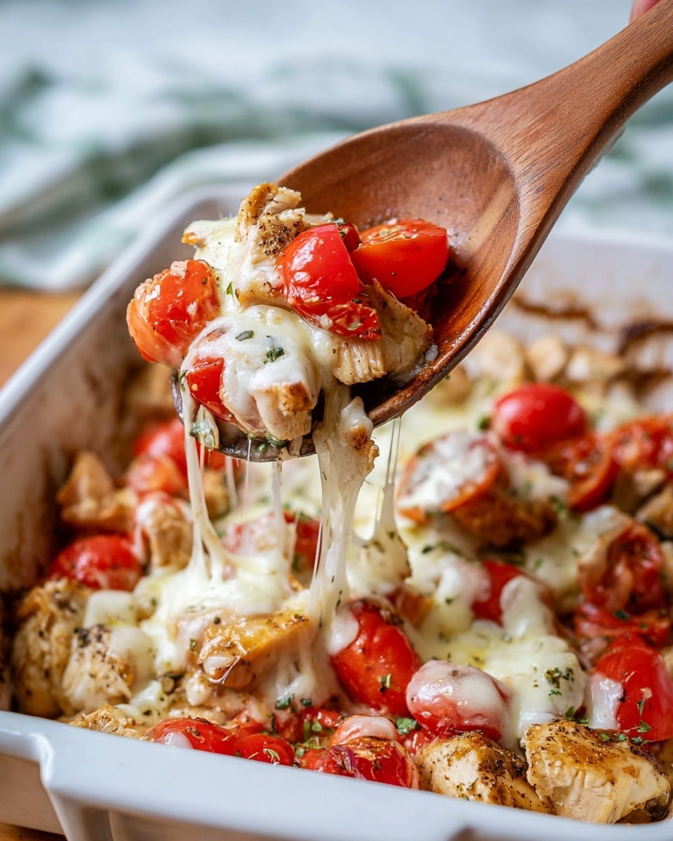 A wooden spoon with a woman's hand holding it lifts a mix of roasted chicken pieces, melted white cheese, and bright red tomato chunks from a white baking dish. The chicken is golden brown with some seasoning, and the cheese stretches in gooey strands, covering both chicken and tomatoes. The red tomatoes are fresh and slightly roasted, adding a vibrant color contrast to the creamy cheese and light brown chicken. The baking dish is filled with more of the same mix, placed on a white marbled surface. photo taken with an iphone --ar 4:5 --v 7