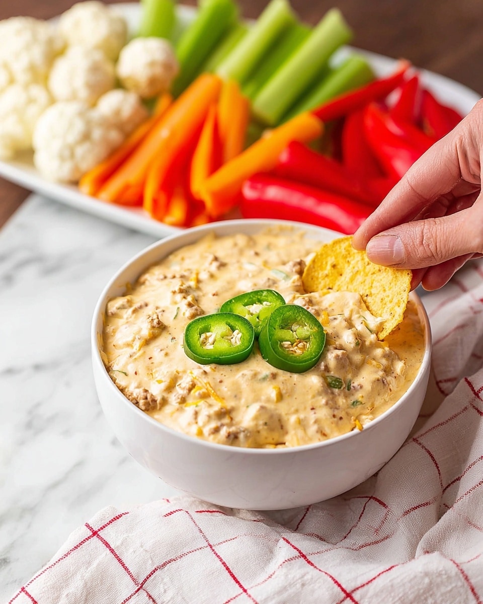 A white bowl filled with thick, creamy cheese dip with visible small chunks of meat and vegetables, topped with three slices of bright green jalapeño peppers placed in the center. A woman's hand is holding a round, light yellow tortilla chip dipped into the cheese sauce, showing the creamy texture clinging to the chip. In the background, a white plate holds raw vegetable sticks in bright red, green, and orange, along with white cauliflower florets, all placed on a surface with a white marbled texture. A white cloth with a red grid pattern lies near the bowl. Photo taken with an iphone --ar 4:5 --v 7