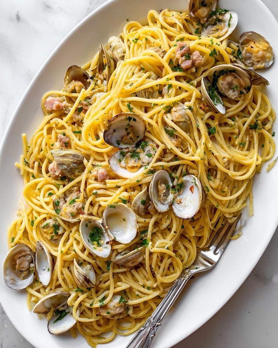 A white oval plate filled with a single layer of yellow spaghetti pasta mixed with small pieces of light pink clams and open clam shells scattered on top. The pasta is lightly glistening, with small bits of green parsley sprinkled evenly over the dish. A silver fork rests on the right side of the plate. The plate is set on a white marbled background. photo taken with an iphone --ar 4:5 --v 7