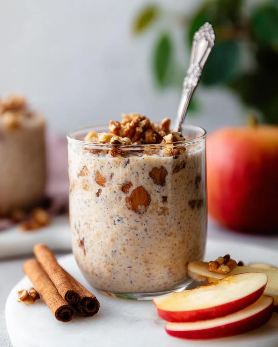 The image shows a clear glass filled with three visible layers of a creamy oatmeal mix with bits of brown raisins scattered throughout. The top layer is thickly covered with chopped walnuts, adding a rough texture. The glass is placed on a white marbled surface, with two cinnamon sticks lying diagonally behind it. In the background, there is a whole red and yellow apple blurred out, and in the foreground, there are a few slices of apple resting on the white marbled surface near a silver spoon. Photo taken with an iphone --ar 4:5 --v 7