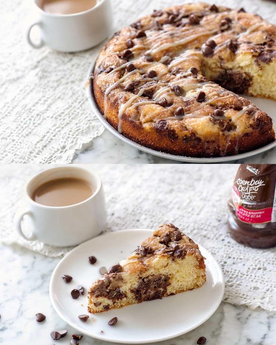 A round, golden-brown coffee cake sits in a white pan, with a slightly cracked top layer dotted with dark chocolate chips and drizzled with a light glaze. The cake’s texture looks soft with a crunchy crust. Next to the pan, a white mug filled with light brown coffee and a bottle of chocolate toffee coffee creamer rest on a white marbled surface beneath a lace cloth. A single triangular slice of the cake is served on a white plate, showing a two-layer look: a light, golden top with chocolate chunks and a moist, darker brown bottom layer, with some chocolate chips scattered around the plate. The slice reveals a soft and slightly crumbly texture with visible chocolate chips inside. Photo taken with an iphone --ar 4:5 --v 7