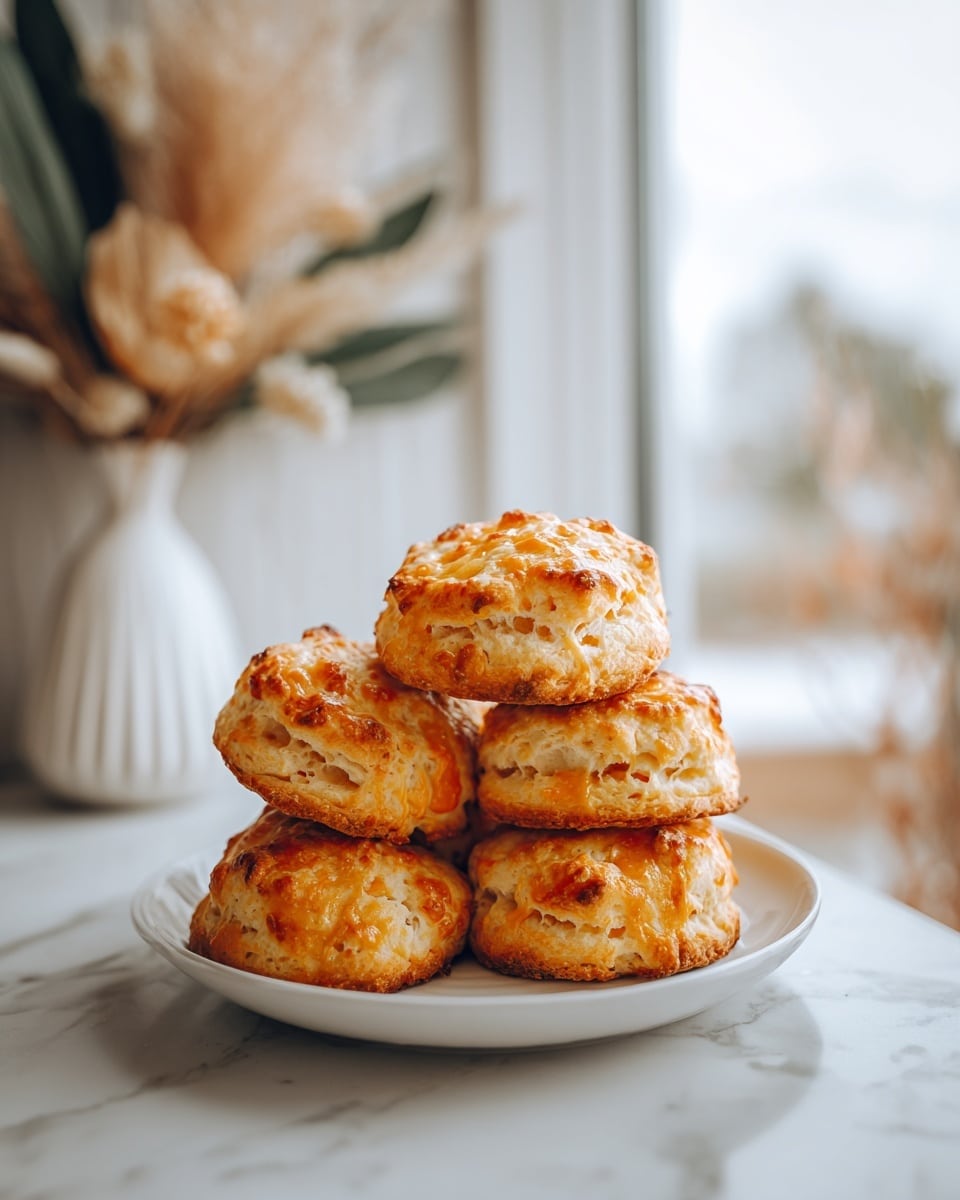 A stack of six golden-brown, crispy scones with a rough, crumbly texture sits on a simple white plate placed on a white marbled surface. The scones have uneven, rustic edges and a slightly cracked top, showing a soft interior with bits of cheese or butter baked in. The background is softly blurred with natural light coming through a window, and a white vase with green leaves and beige dried flowers is visible in the distance. photo taken with an iphone --ar 4:5 --v 7
