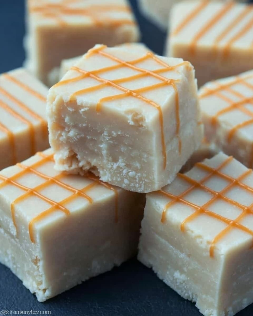 The image shows several small square pieces of white fudge with a slightly crumbly texture, arranged closely together on a dark surface. Each square has thin orange lines drizzled diagonally across the top, adding a touch of color contrast to the creamy white fudge. The fudge pieces show subtle layers inside, indicating a dense and rich consistency. The background is kept simple to focus on the neat rows of fudge cubes. photo taken with an iphone --ar 4:5 --v 7