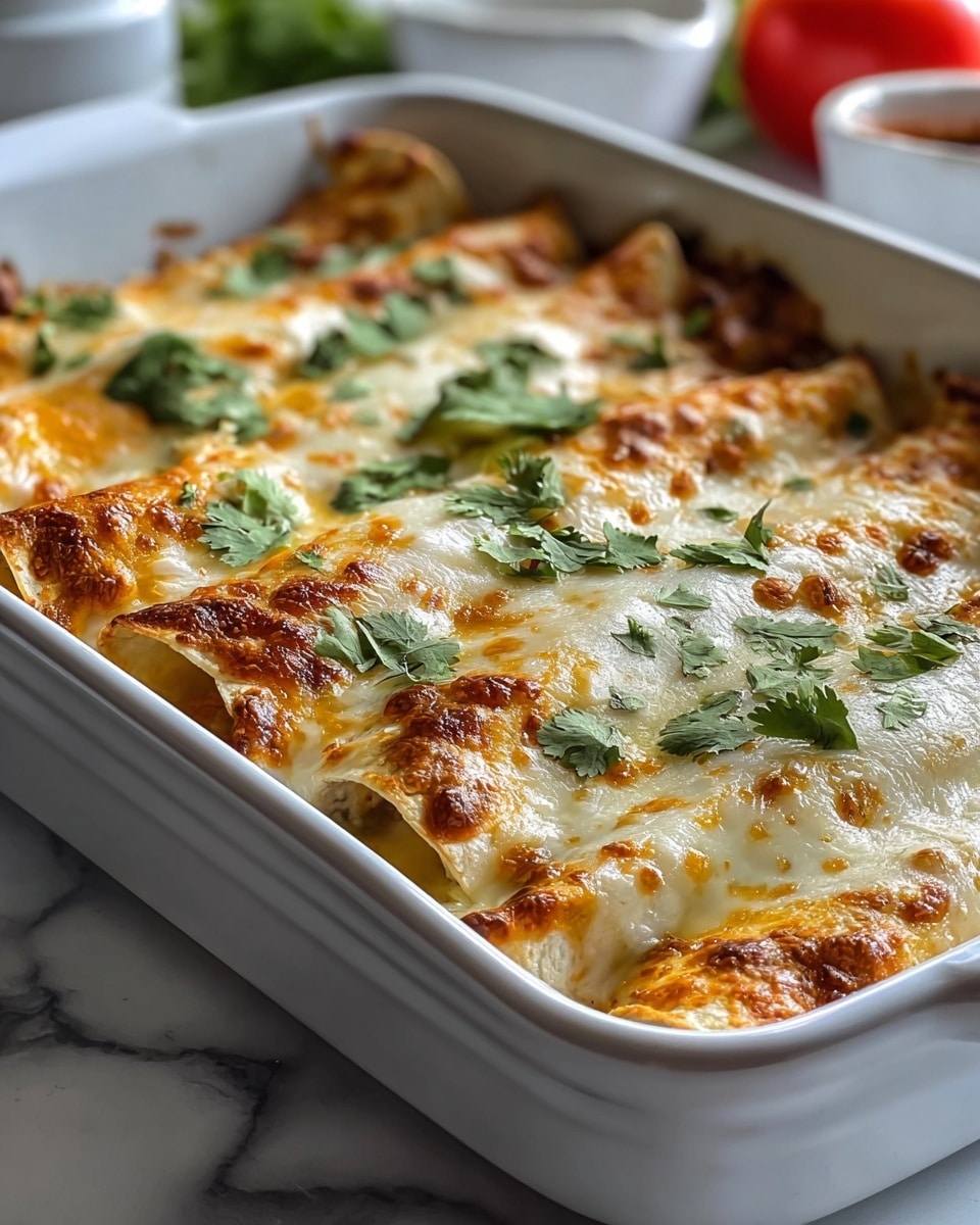 The image shows a white rectangular baking dish filled with a layer of rolled tortillas, each covered with melted, golden-brown cheese that has a bubbly and slightly crispy texture. On top of the cheese layer, fresh green cilantro leaves are scattered evenly. The tortillas underneath are slightly browned and soft, with some edges peeking out from underneath the cheese. The dish is placed on a white marbled surface, and in the blurred background, there are small white bowls and a red tomato visible. photo taken with an iphone --ar 4:5 --v 7
