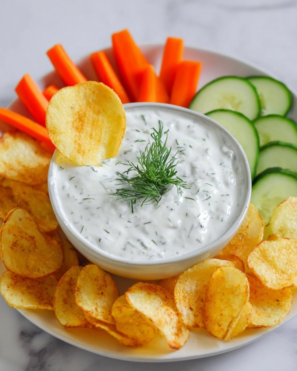 A white plate with a small bowl of creamy white dip with green herb specks inside, topped with a small sprig of fresh green dill in the center and a golden yellow potato chip dipped on the edge. Around the bowl, there are bright orange carrot sticks on one side, thin light green cucumber slices with dark green edges on the top edge, and more golden yellow potato chips on the right side. The plate sits on a white marbled surface. Photo taken with an iphone --ar 4:5 --v 7