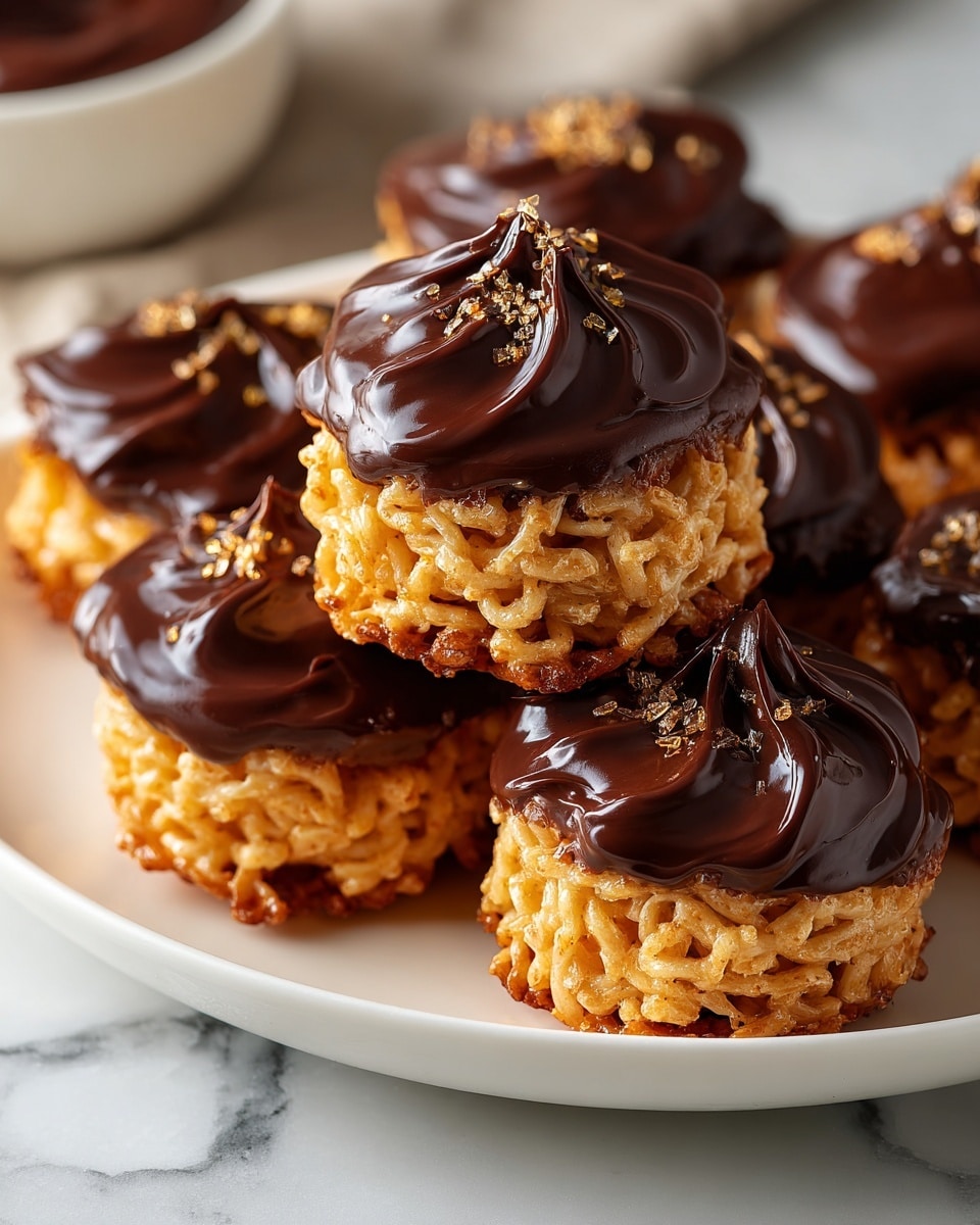 The image shows several small round treats stacked on a white plate placed on a white marbled surface. Each treat has a bottom and middle layer made of golden-brown crispy noodles with a slightly tangled and textured look. The top layer is thick, smooth, and glossy dark chocolate frosting that flows slightly over the sides, creating soft wave shapes. Small shiny golden sugar crystals are sprinkled on top of the chocolate on each treat. The treats are arranged closely together, with two stacked on top of each other in the foreground, showing the noodle layers and chocolate topping clearly. Photo taken with an iphone --ar 4:5 --v 7