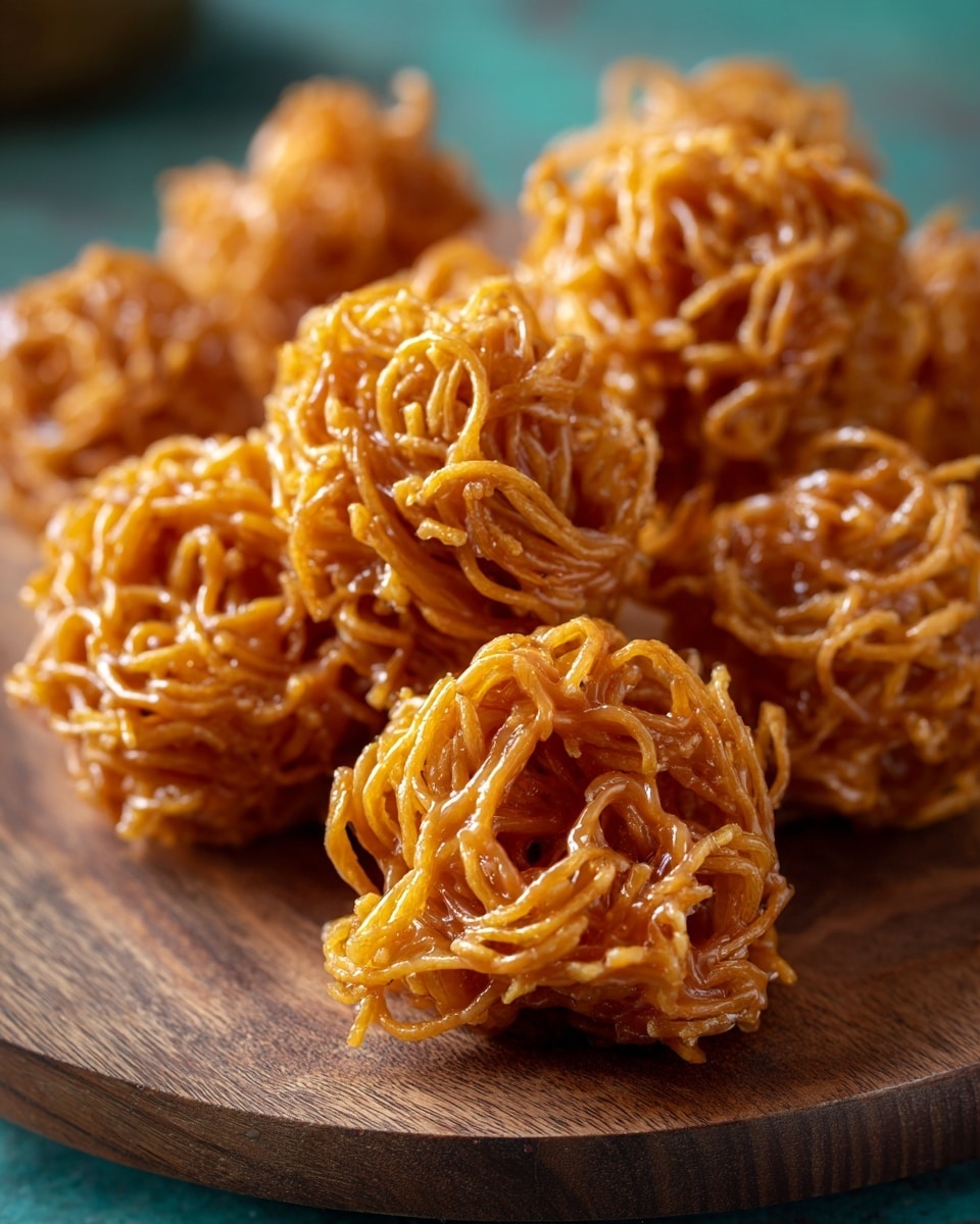 The image shows several golden-brown, crispy nests made of thin noodle-like strands coated in a sticky, shiny caramel sauce, piled closely together on a round wooden board. Each nest has a rough, twisted texture with many layers of intertwined strands, giving them a crunchy and glossy look. The overall color is a warm amber, with highlights reflecting the sticky surface. The background is out of focus with a hint of teal, making the caramel-coated nests stand out clearly. photo taken with an iphone --ar 4:5 --v 7