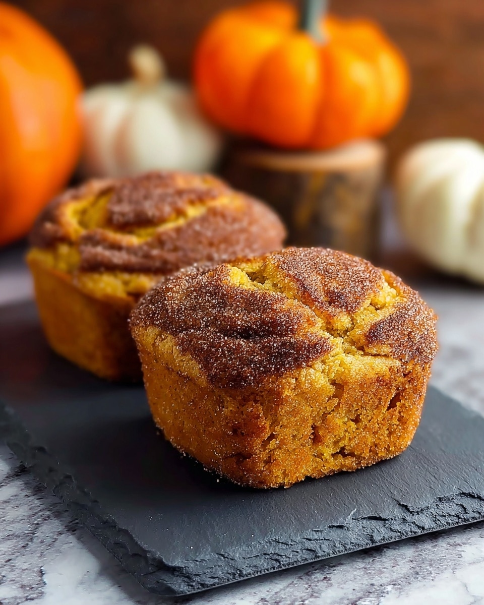 Two small square-shaped muffins with a golden brown and slightly darker cracked top dusted with sugar sit next to each other on a dark slate board. The muffins have a textured, crispy outside with a soft yellow inside visible through the cracks. In the blurred background, there are small orange and white pumpkins placed on a wooden surface. The whole scene rests on a white marbled texture. photo taken with an iphone --ar 4:5 --v 7