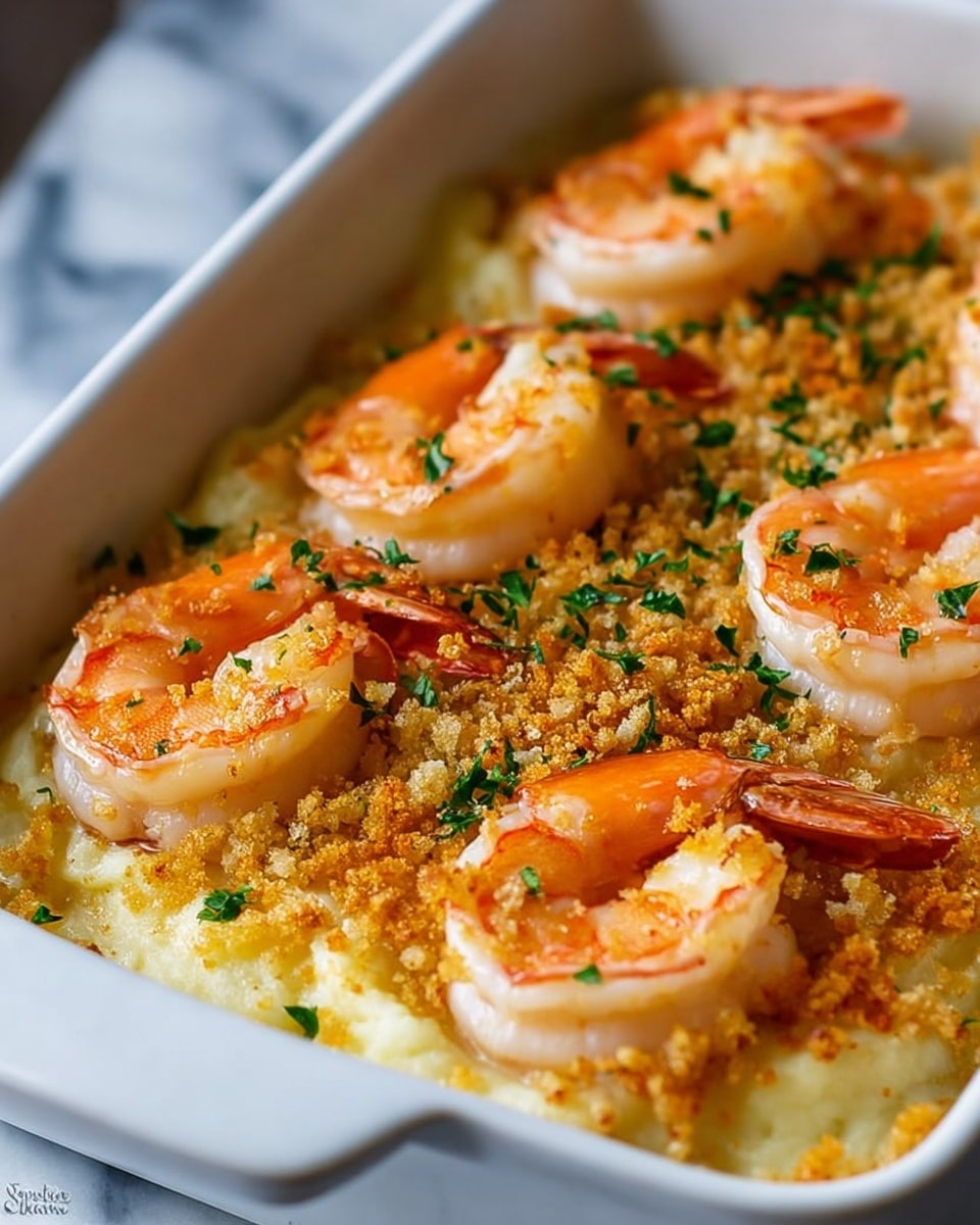 A close-up view of a white square baking dish filled with a golden shrimp casserole. The top layer consists of several plump, golden-brown shrimp arranged closely together, with crispy edges and a light sprinkle of green herbs on top. Beneath the shrimp, a creamy, cheesy layer with a slightly browned surface is visible, adding texture and rich color contrast. The dish rests on a wooden board, with a soft white marbled background. photo taken with an iphone --ar 4:5 --v 7