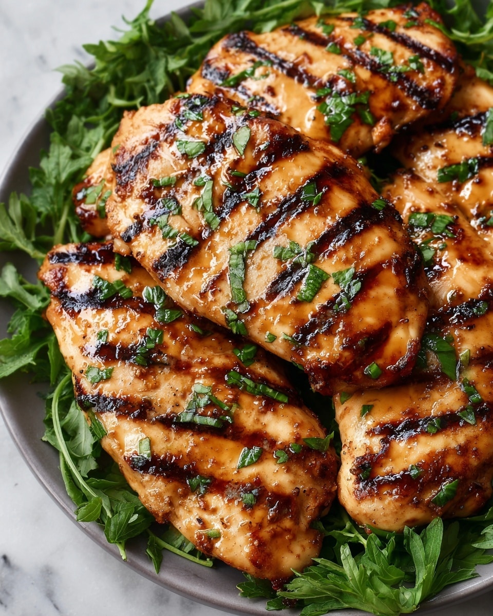 The image shows several grilled chicken breasts with clear dark grill marks, placed closely together on a bed of fresh green leafy herbs. The chicken breasts have a golden-brown color with a slightly shiny, glazed surface and small pieces of chopped green herbs sprinkled evenly on top. They rest on a plate, which is on a white marbled surface. Photo taken with an iphone --ar 4:5 --v 7
