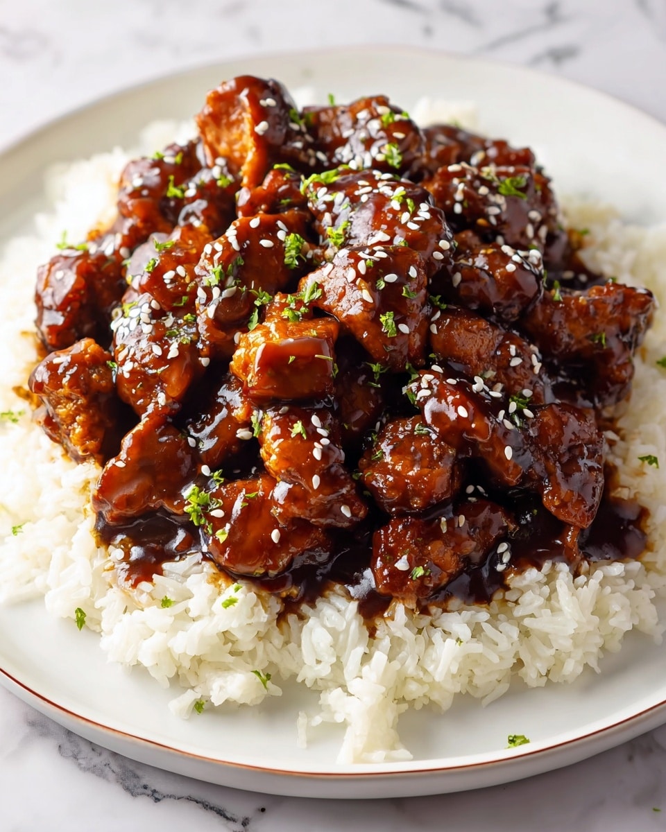 A white plate holds a layer of white cooked rice spread evenly as the base. On top is a thick layer of dark brown glazed chicken pieces covered in a shiny sauce, with a few small green herb bits and white sesame seeds sprinkled over for decoration. The chicken looks tender and juicy with the glossy sauce coating each piece well. The plate sits on a white marbled textured surface. photo taken with an iphone --ar 4:5 --v 7