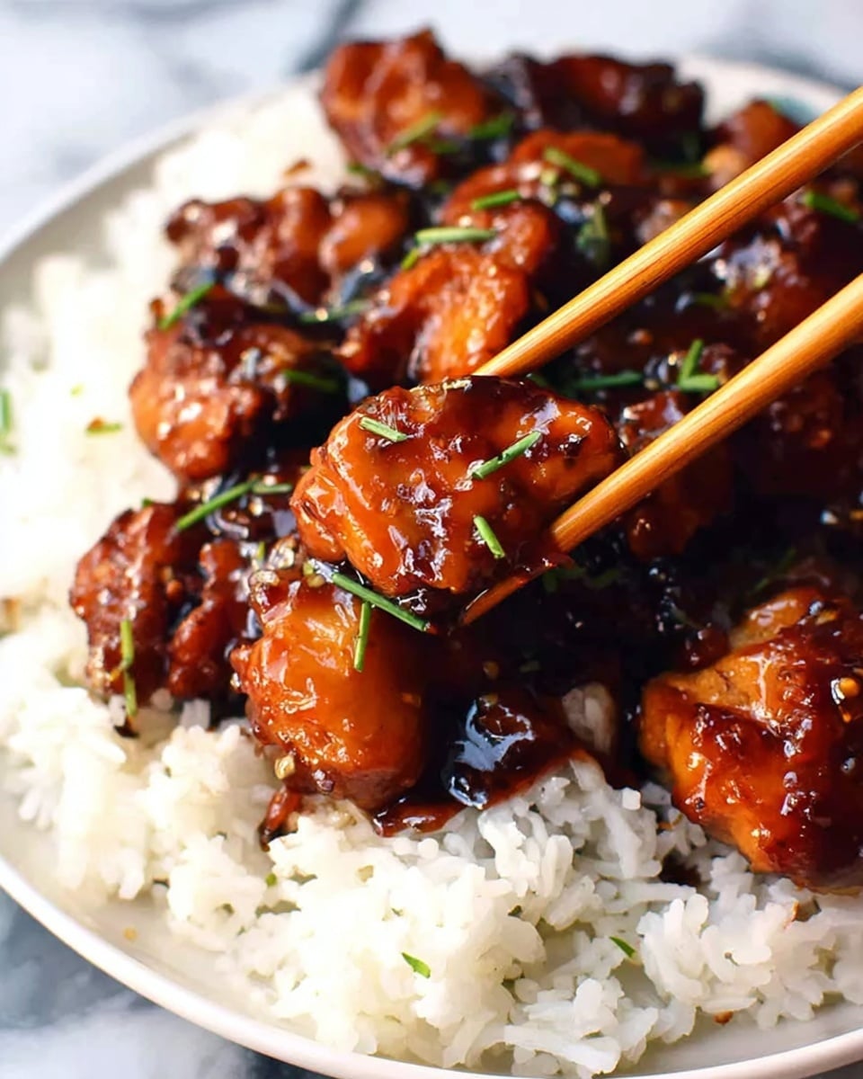 A close-up of a white plate filled with white cooked rice as the bottom layer, topped with several pieces of dark brown glazed chicken covered in shiny sauce with small green herbs sprinkled on top. A pair of wooden chopsticks is holding one piece of the chicken above the rice. The plate is placed on a white marbled surface. photo taken with an iphone --ar 4:5 --v 7