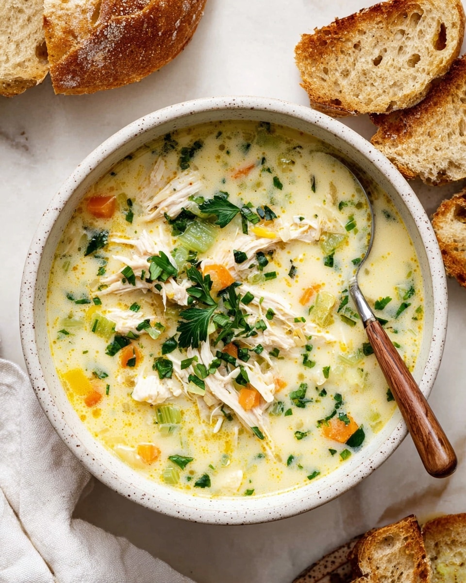 A bowl filled with creamy chicken soup showing three visible layers: a base layer of pale creamy yellow broth, middle chunks of white shredded chicken and small diced vegetables in green and orange hues scattered throughout, topped with bright green chopped herbs. The bowl is white with a speckled texture on the rim. A wooden-handled spoon rests inside the bowl on the right side. Around the bowl, slices of toasted bread with a golden brown crust and porous texture are placed on a white marbled surface. In the upper left, part of a white cloth napkin is visible. photo taken with an iphone --ar 4:5 --v 7
