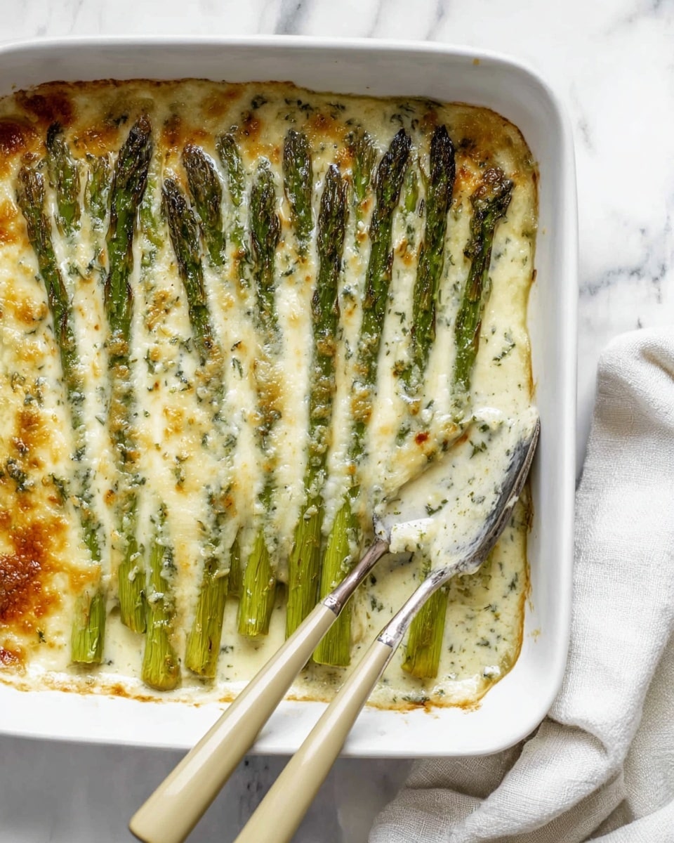 A white square baking dish filled with a baked asparagus dish showing two main layers: the bottom layer is creamy white sauce with specks of herbs, and the top layer is melted, browned cheese with golden spots. The asparagus stalks, bright green with some darker, roasted tips, are laid in a neat row across the top, partially covered with sauce and cheese. Two beige-handled utensils, a spoon and a fork, rest on the right edge of the dish with some sauce on them. The dish sits on a white marbled surface with a white cloth nearby. The photo taken with an iphone --ar 4:5 --v 7