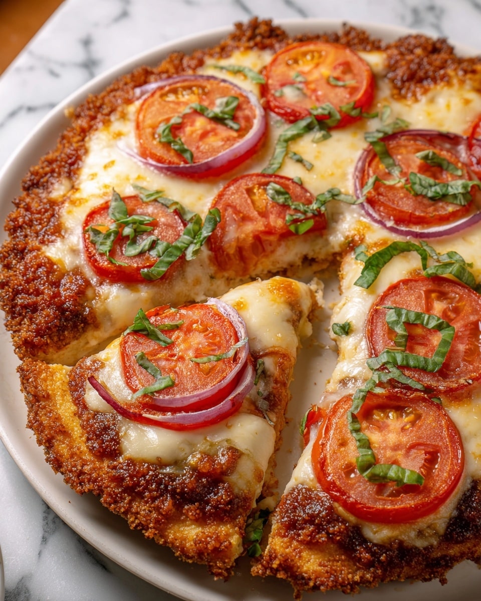 A close-up of a crispy layered dish cut into eight slices on a white plate, showing three main layers. The bottom layer is a golden brown, crumbly crust with a crunchy texture. Above it, a thick layer of melted creamy white cheese covers the surface unevenly, with spots of browned cheese. The top layer includes bright red tomato slices, thin rings of purple onion, and green shredded basil scattered over each slice. The background has a white marbled texture. Photo taken with an iphone --ar 4:5 --v 7