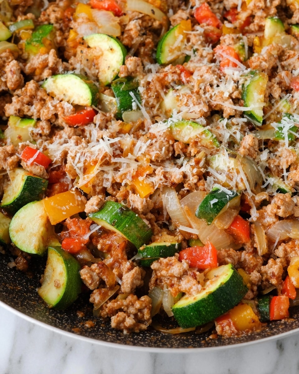 A white plate holds a dish with two main layers: the bottom layer consists of cooked ground meat mixed with slices of green zucchini and small pieces of orange bell pepper, giving a textured and colorful look with reddish sauce coating; leaning against this mixture is a thick slice of toasted bread with a golden-brown crust and melted cheese on top showing a slightly rough and bubbly texture; in the background, more toasted bread slices rest on a white plate, all on a white marbled surface. photo taken with an iphone --ar 4:5 --v 7