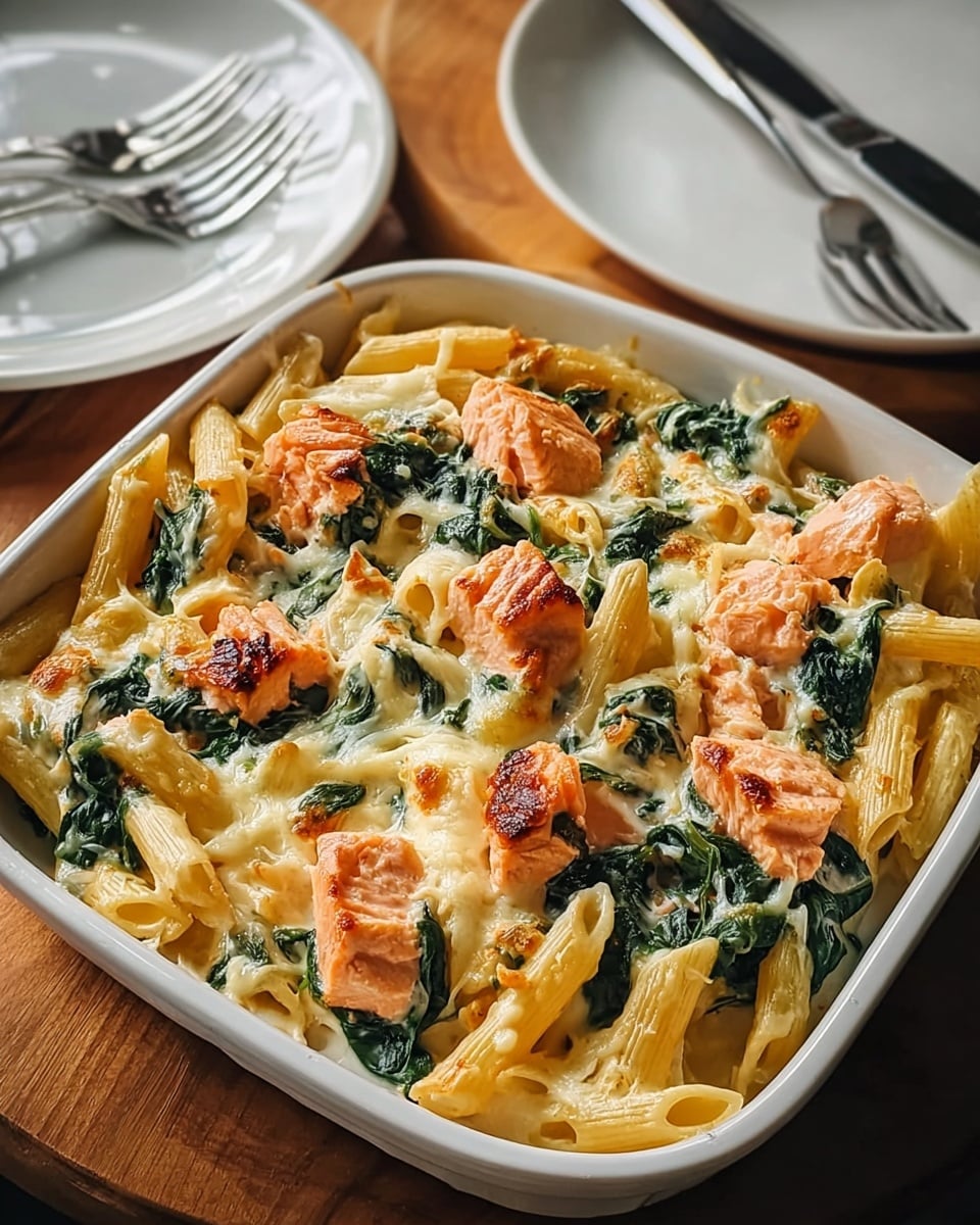 The dish is a creamy baked pasta served in a white square baking dish, filled with three main layers visible on top. The base layer consists of penne pasta coated in a light cream sauce, showing a smooth pale yellow texture. Scattered throughout the pasta are cooked spinach leaves, dark green and slightly wilted, adding a fresh look. On top, there are chunks of cooked salmon pieces that are pink-orange with a slightly crispy, browned edge, giving a rich color contrast to the creamy pasta. The whole dish is sprinkled lightly with grated cheese that has melted into a golden, slightly bubbly surface. The dish sits on a wooden table with a white marbled texture background, accompanied by a white plate with a fork and knife nearby photo taken with an iphone --ar 4:5 --v 7