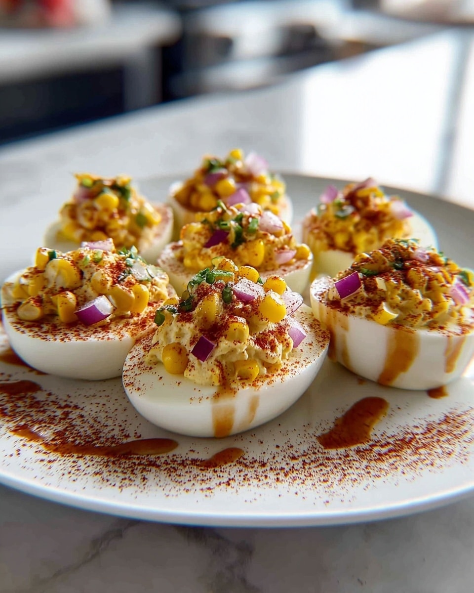 A white plate holds six deviled eggs, each cut in half with a smooth white egg white base. On top, there is a creamy yellow yolk mix, lightly chunky with bright yellow corn kernels mixed in. Small pieces of purple-red onion and green herb bits are sprinkled on the yolk mix. A light brown drizzle sauce runs gently over the eggs, and a fine red-orange spice powder is dusted on top. The plate is on a white marbled surface with a softly blurred kitchen background. Photo taken with an iphone --ar 4:5 --v 7