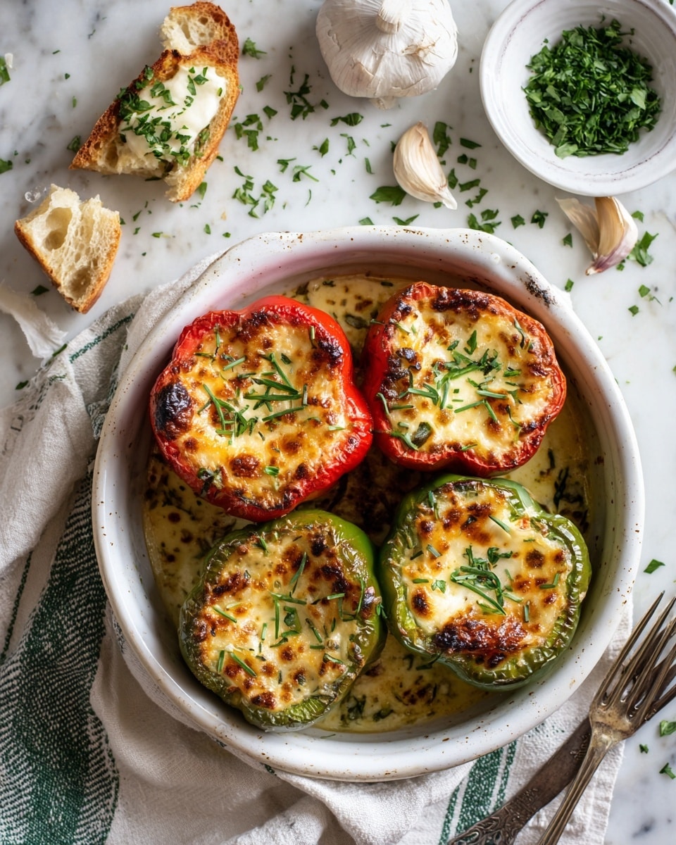 The image shows a white baking dish with four stuffed bell peppers, two red and two green, laid out in it. Each pepper is filled with a creamy, slightly browned cheese topping that has a golden color with some darker roasted spots. There are thin strips of fresh green herbs sprinkled on top of the cheese. Around the baking dish, a piece of torn bread sits with a dollop of the cheesy filling on it, and a rustic metal fork lies nearby on a white and green striped cloth. The background is a white marbled surface with scattered chopped herbs, a half clove of garlic, and a small white bowl filled with more chopped green herbs. Photo taken with an iphone --ar 4:5 --v 7