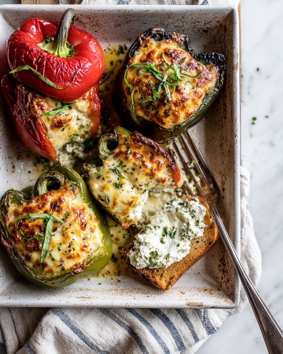 The image shows a white baking tray on a white marbled surface holding four stuffed bell peppers with melted, golden-brown cheese on top; the peppers are different colors, including red, green, and a dark purple, and are garnished with thin strips of fresh green herbs scattered over the cheese layer. One red pepper is cut open, revealing a soft white filling beneath the cheesy top layer, and a piece of crusty toasted bread smeared with the same white filling sits next to it, with a fork resting on the edge of the tray. The scene is bright and cozy with a folded striped cloth under the tray, showing slight grease and roasting marks on the tray edges. photo taken with an iphone --ar 4:5 --v 7