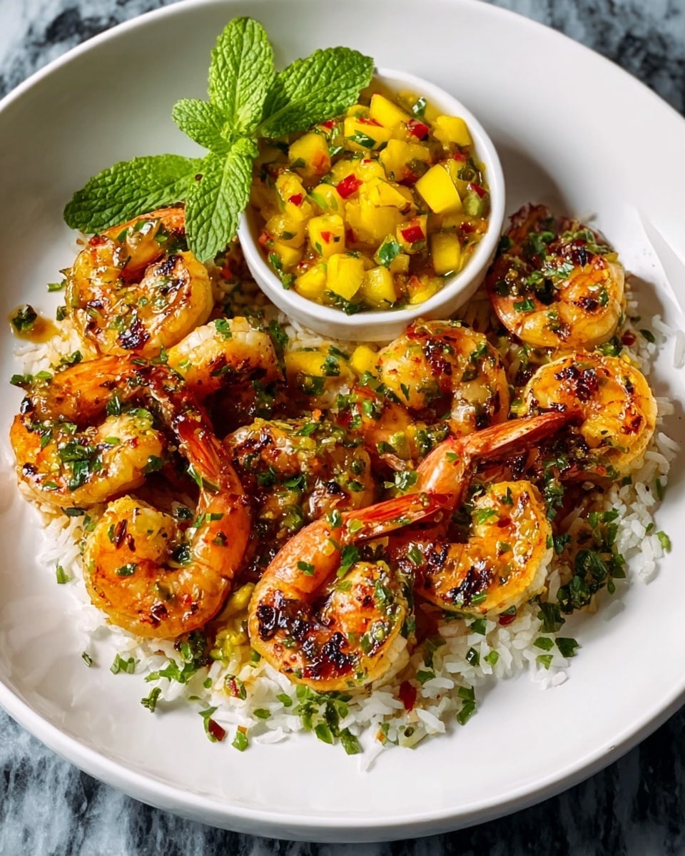 A white plate holds a bed of cooked white rice as the base layer, topped with a generous layer of grilled shrimp that have a golden-orange color with char marks and green herb bits scattered on top. On one side of the plate, there is a small white bowl filled with bright yellow mango salsa, mixed with small pieces of red chili and green herbs. Fresh green mint leaves garnish the side of the plate. The dish is placed on a white marbled surface, and the whole scene is lit naturally. photo taken with an iphone --ar 4:5 --v 7