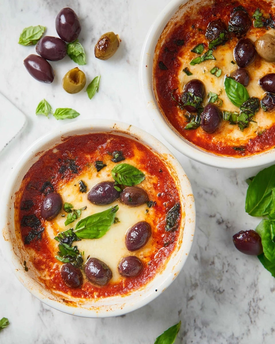 Two white bowls of hot baked dip sit on a white marbled surface. Each bowl holds a layer of melted, creamy white cheese in the center, topped with chunky, dark purple olive pieces and scattered bright green basil leaves. Surrounding the cheese is a thick, rich red tomato sauce, some of which has slightly baked onto the inner sides of the bowls. Around the bowls, whole and sliced olives and small basil leaves are scattered on the white marbled surface. The photo taken with an iphone --ar 4:5 --v 7