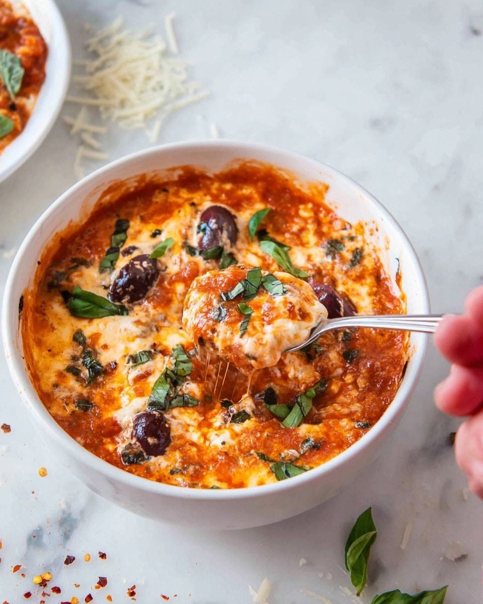 A white bowl filled with a thick, creamy mixture of melted cheese and tomato sauce, with visible chunks of dark purple olives and fresh green basil leaves scattered on top. The sauce has a rich red-orange color blending into the creamy white cheese, creating a textured and hearty appearance. A silver spoon held by a woman's hand is lifting a scoop from the bowl, showing the layered mix of cheese, sauce, and basil. The bowl sits on a white marbled surface scattered with some shredded cheese and red pepper flakes, adding to the fresh and rustic presentation. Photo taken with an iphone --ar 4:5 --v 7