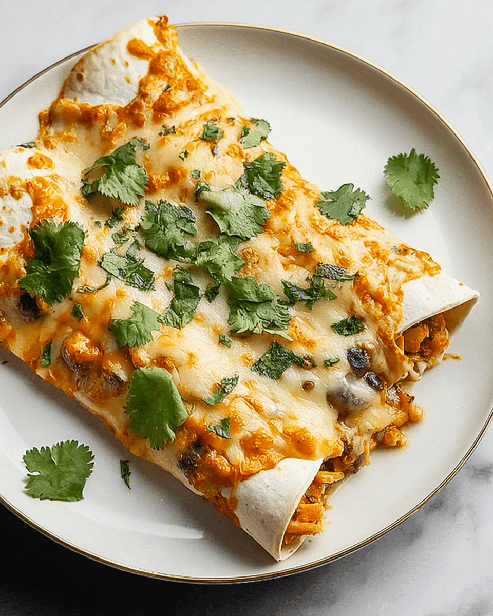 Two rolled tortillas filled with shredded chicken and a creamy orange sauce are placed side by side on a white plate. The top is covered with a melted mix of white and orange cheese, giving a rich, gooey texture. Fresh green cilantro leaves are scattered on top, adding a fresh color contrast. The plate sits on a white marbled surface, enhancing the dish's warm and inviting look. photo taken with an iphone --ar 4:5 --v 7