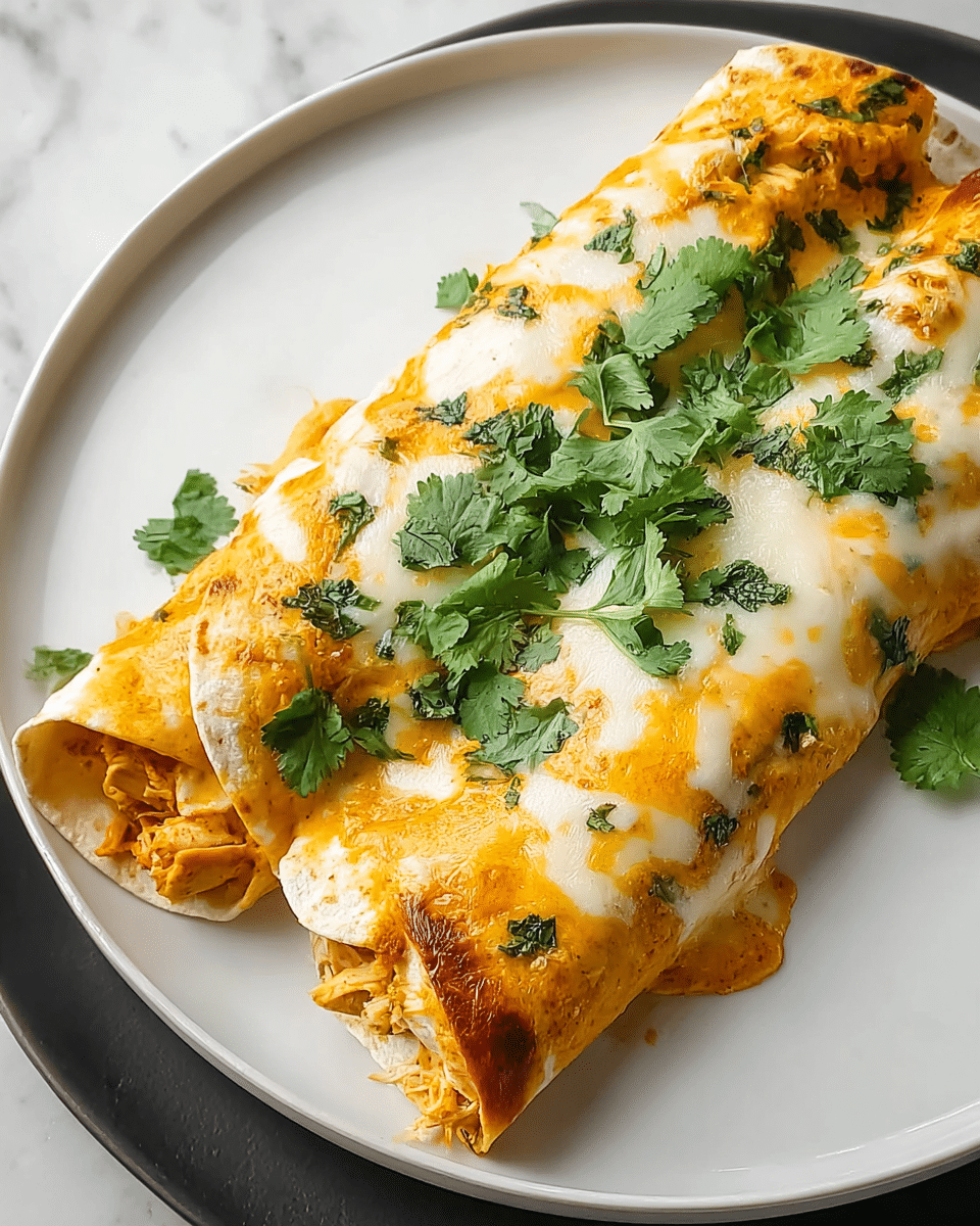 Two rolled enchiladas lie side by side on a white plate with a thin gold rim, placed on a white marbled surface. The bottom layer is made of light beige tortillas tightly wrapped around a visible filling of orange chunks and some black beans. The middle layer is covered in smooth orange sauce with some small textured patches, while the top layer features melted cheese that is white and golden yellow, with fresh green cilantro leaves scattered evenly over the cheese and around the plate. Photo taken with an iphone --ar 4:5 --v 7