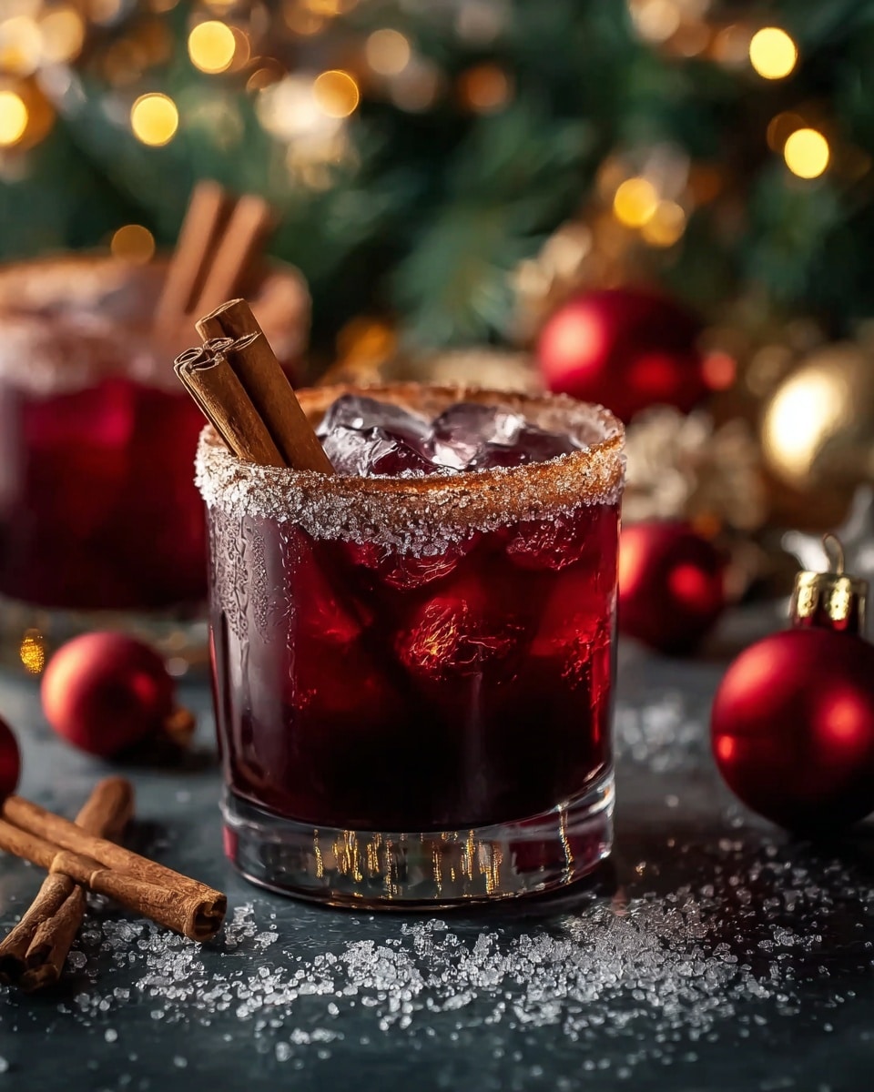 A short clear glass filled with a dark red drink and ice cubes, with a sugar and spice rim around the top edge. Two cinnamon sticks stand inside the drink, tilted slightly outward. The glass sits on a surface with coarse sugar crystals scattered around, set against a dark, blurred background with soft warm lights and greenery that suggests a festive setting. In the background, there is a similar glass blurred out and red Christmas ornaments adding to the holiday feel. photo taken with an iphone --ar 4:5 --v 7