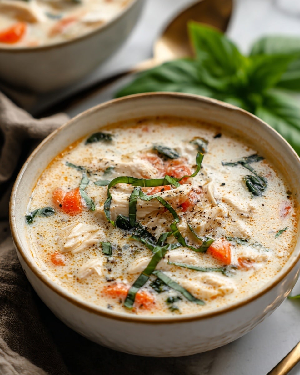A white bowl filled with creamy chicken soup showing three main layers: a light beige creamy broth at the base with a smooth texture, tender white chicken pieces scattered throughout, bright orange carrot chunks evenly mixed, and thin strips of fresh green herbs spread on the top. The soup has a light sprinkle of black pepper and sits on a white marbled surface with a spoon and basil leaves blurred in the background, giving a warm and inviting feel. Photo taken with an iphone --ar 4:5 --v 7