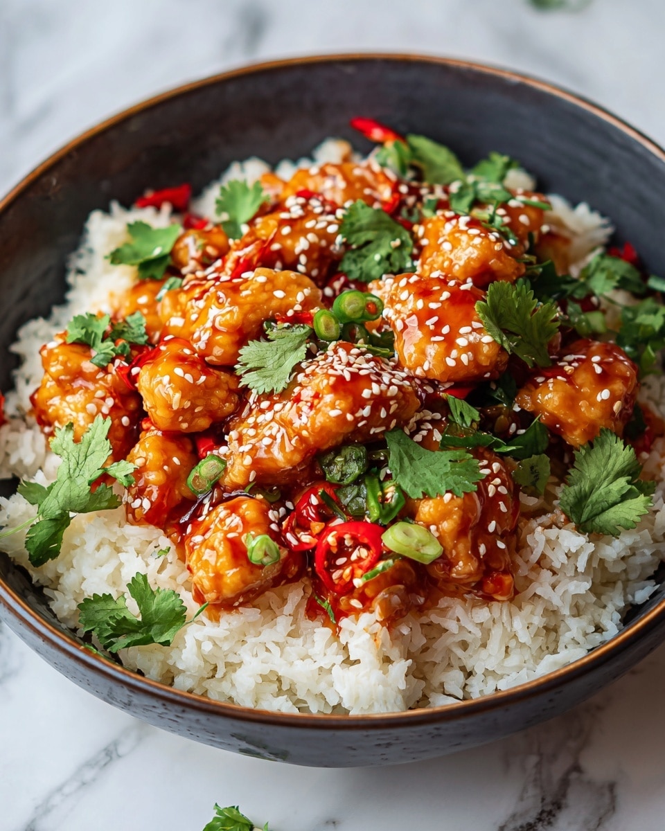 A black bowl filled with many pieces of crispy fried chicken, coated in a shiny orange sauce. The chicken pieces are stacked in layers, each one covered with the glossy sauce that looks sticky and sweet. Bright green chopped scallions are scattered on top and mixed in, adding a fresh pop of color. White sesame seeds are sprinkled over the chicken, giving a hint of texture contrast. The bowl sits on a wooden table with a blurred background. photo taken with an iphone --ar 4:5 --v 7