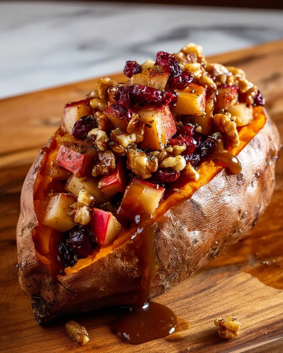 A roasted sweet potato with its skin fully intact and slightly wrinkled, split open to reveal a soft, bright orange inside. It is generously topped with a chunky mixture of diced apples with red skin, small walnut pieces, and dark red dried cranberries, all coated in a glossy brown sauce that drips down the sides. The dish is served on a wooden cutting board with a warm wooden background replaced by a white marbled texture. photo taken with an iphone --ar 4:5 --v 7