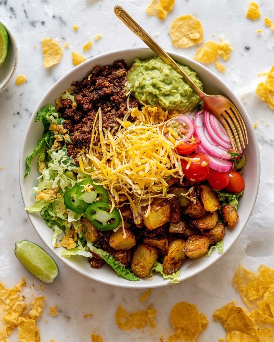 A white bowl filled with four main layers, starting from the bottom with roasted small potato pieces showing golden and brown crispy edges. On top of the potatoes is a layer of dark brown ground meat or meat substitute, partly covered with shredded light yellow cheese. To one side, there is a thick, green guacamole layer with a smooth texture. Fresh red cherry tomato halves and thin slices of pink pickled onion sit next to the guacamole. Shredded green lettuce and a few slices of green jalapeño peppers add freshness on another side, finishing with small yellow crushed tortilla chips sprinkled over the top and a small lime wedge. A gold fork rests inside the bowl, all set on a white marbled surface with scattered yellow tortilla chips nearby. Photo taken with an iphone --ar 4:5 --v 7
