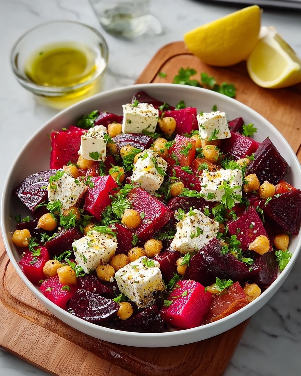 A white shallow bowl holds a colorful salad with three main layers: the base is made of deep red and purple beetroot chunks cut into cubes and slices, scattered throughout are round, golden chickpeas adding a soft texture and a light orange color contrast; on top, uneven white cubes of feta cheese are spread around with rough edges, sprinkled with chopped fresh green parsley leaves that add a bright and fresh touch; finished with a sprinkle of black pepper flakes and a drizzle of olive oil giving a slight shine. The bowl sits on a wooden board with a wedge of lemon and a small glass bowl of olive oil to the side, all placed on a white marbled surface. Photo taken with an iphone --ar 4:5 --v 7